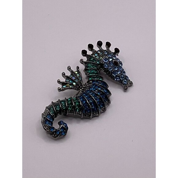 Sparkling Seahorse Brooch Pin With Blue & Green Rhinestones - Picture 1 of 6